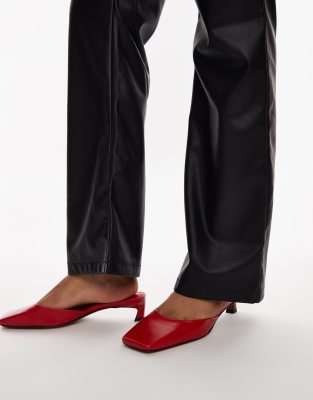 Topshop Audrey Premium Leather Mid Heeled Square Toe Mules In Red