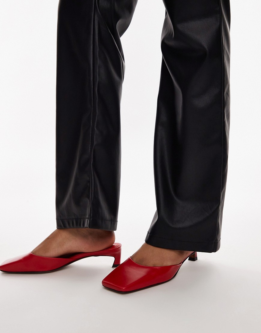 Topshop Audrey premium leather mid heeled square toe mules in red