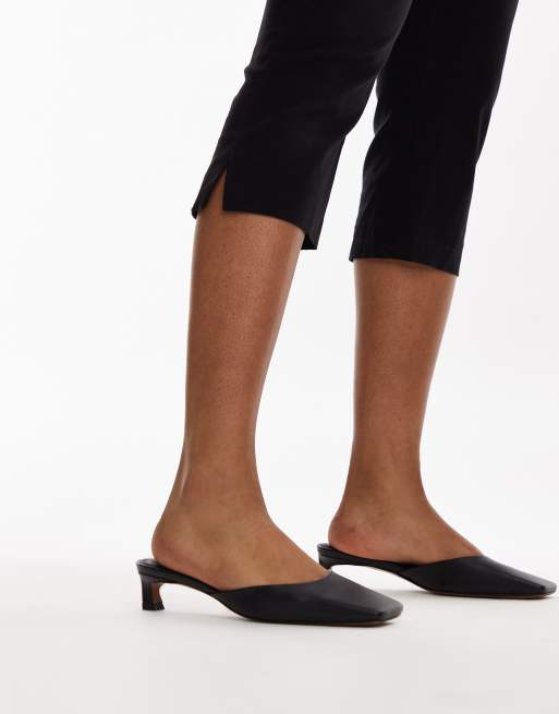Topshop – Audrey – Premium – Svarta mules i läder med halvhög klack och fyrkantig tå