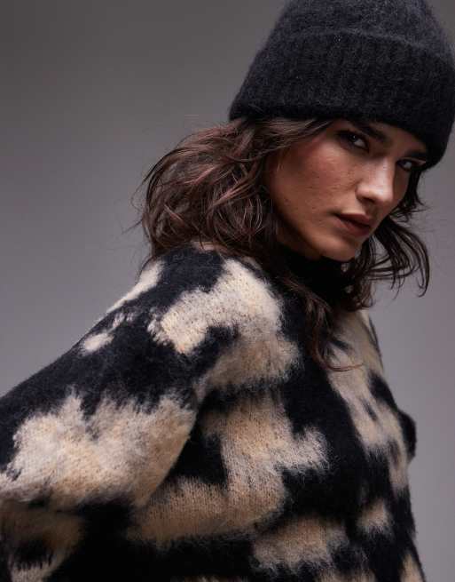 Topshop – Aufgerauter Oversize-Strickpullover in Neutral mit verschwommenem floralem Animalprint, 2 von 4