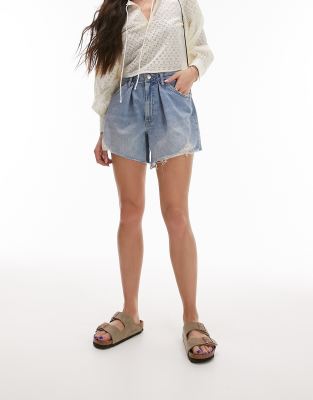 Topshop - Ausgebleichte Jeans-Shorts mit Bundfalten-Blau