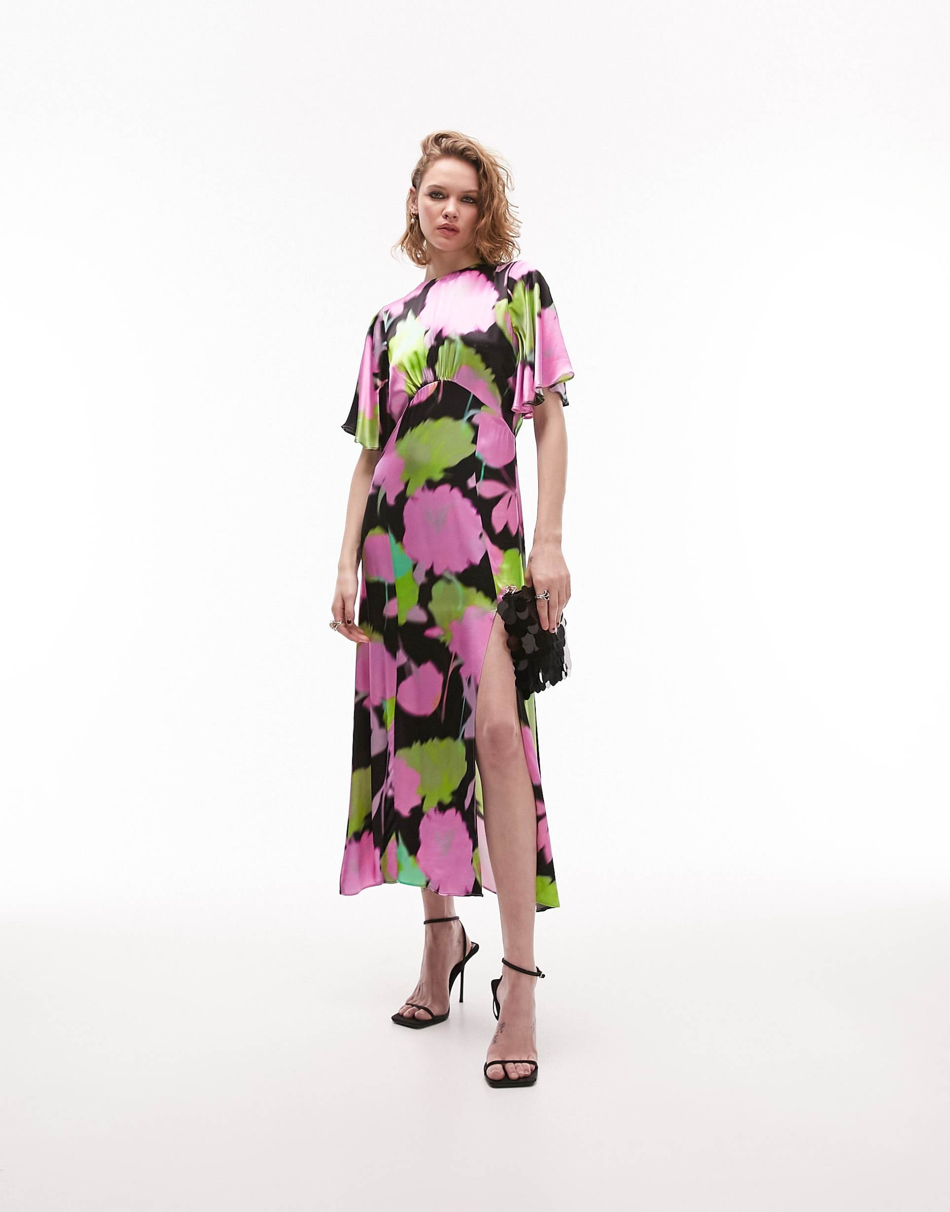 topshop austin bold floral print angel sleeve midi occasion dress in multi