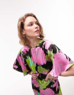 topshop austin dress green Topshop Austin bold floral print angel sleeve midi occasion dress in multi