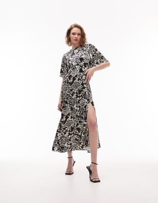 Topshop Austin mono print angel sleeve occasion midi dress in multi