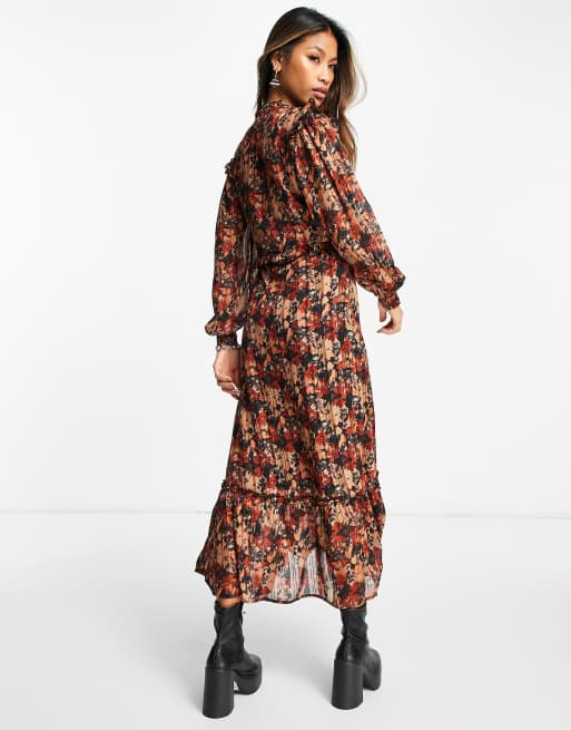 Topshop autumnal floral tie front midi dress in multi, 2 of 4