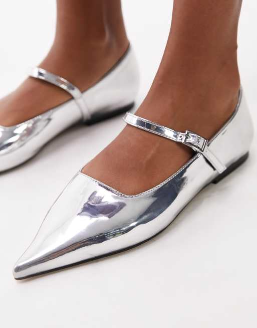 Topshop Ava pointed toe ballet flat shoes in silver