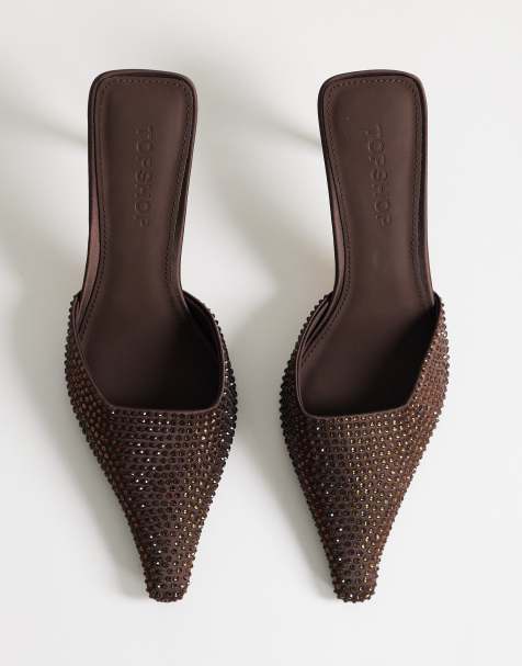 Topshop Avery embellished heeled mules in chocolate - view 1
