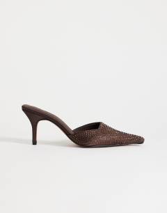 Model wearing Avery embellished mule mid court in chocolate