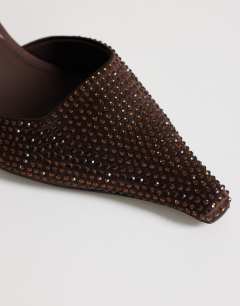 Model wearing Avery embellished mule mid court in chocolate