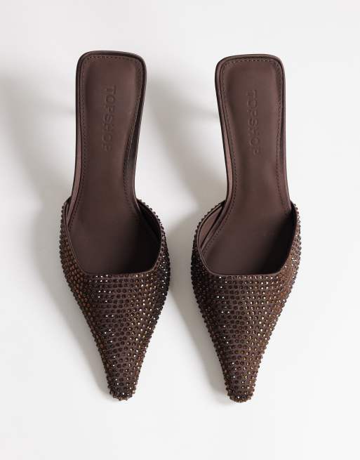 Topshop Avery embellished mule mid pumps in chocolate, 3 of 4
