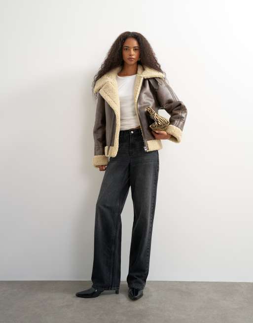 Topshop aviator oversize in pelliccia sintetica marrone, 4 di 4
