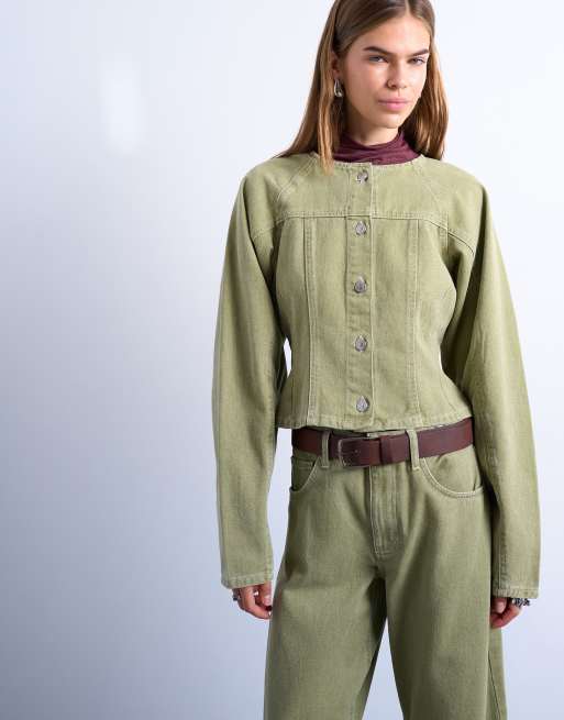 Topshop – Avokadogrön jeansskjorta med ovala ärmar och markerad midja