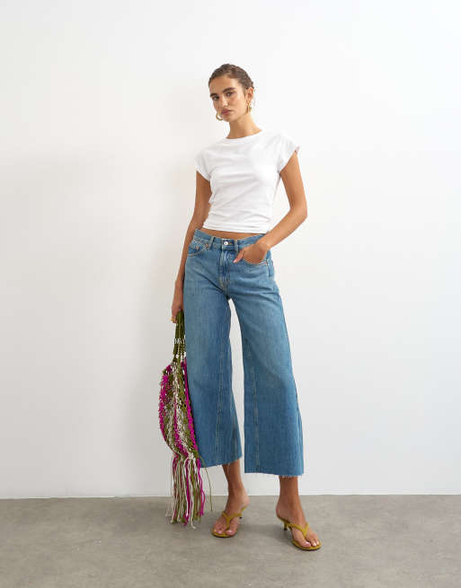 Topshop awkward crop jeans in vintage blue