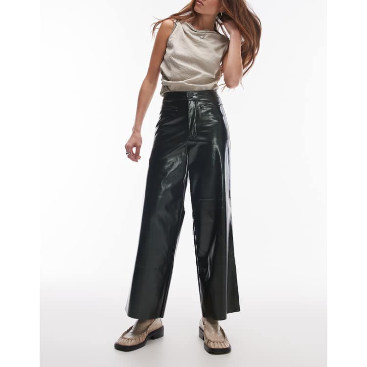 Topshop awkward length vinyl pants in dark green