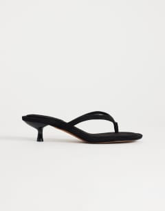 Axel toe thong mid heel sandal in black faux suede 