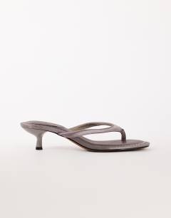 Axel toe thong mid heel sandal in grey satin