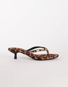 Axel toe thong mid heel sandal in leopard print satin