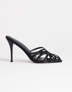 Azelia heeled sandal  with gems in black satin