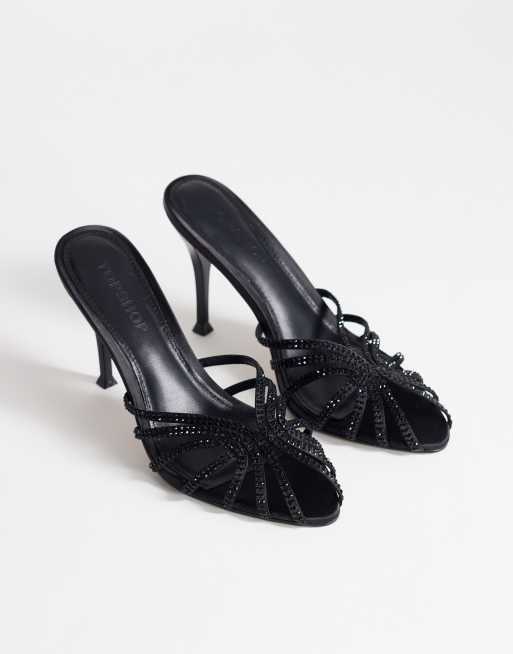 Topshop Azelia heeled sandal  with gems in black satin, 2 of 4