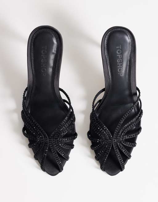 Topshop Azelia heeled sandal  with gems in black satin, 4 of 4