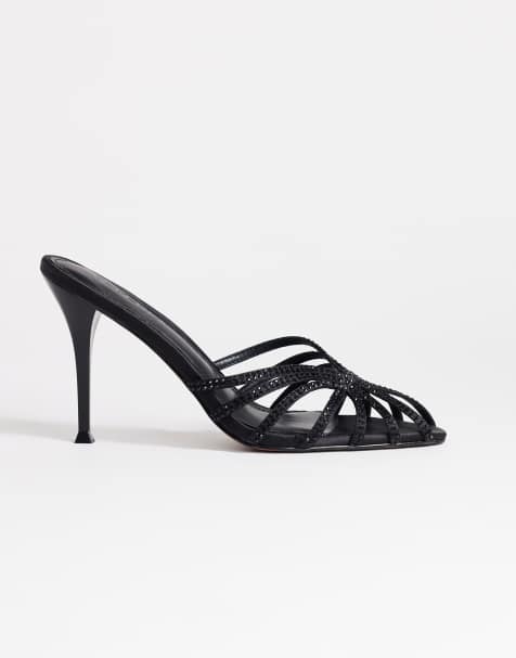 Topshop Azelia sandalen met hak en sierstenen in zwart satijn - view 1