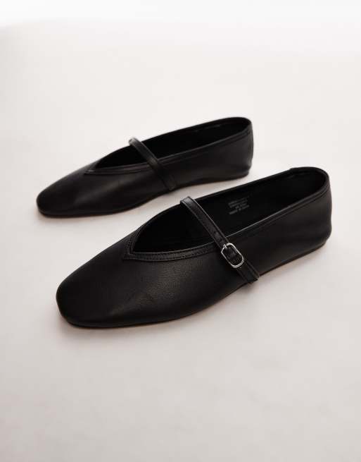Topshop Babette leather v detail ballet flats in black, 2 of 4
