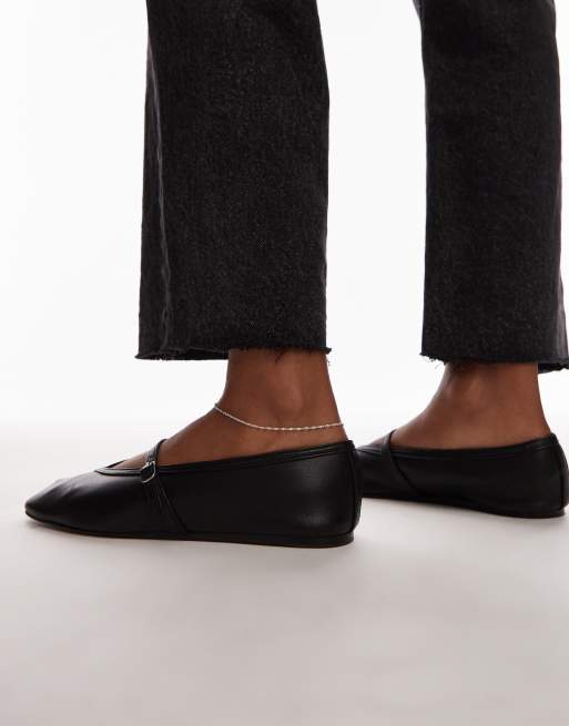 Topshop Babette leather v detail ballet flats in black, 4 of 4