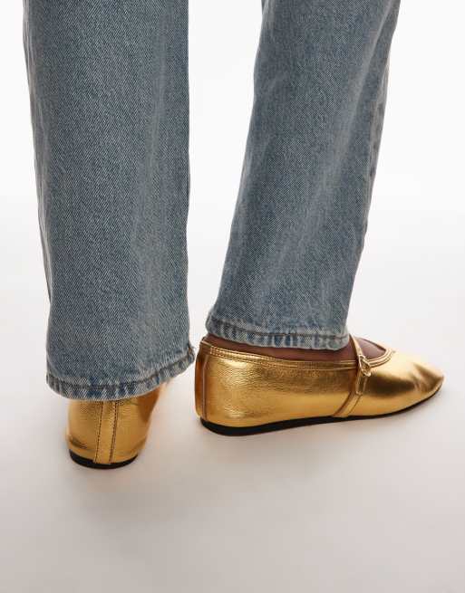 Topshop Babette leather v detail ballet flats in gold, 4 of 4