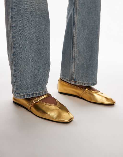 Topshop - Babette - Leren ballerina's met V-detail in goud