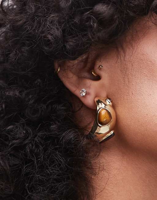 Topshop Babi chunky earrings with brown stones in gold , 3 of 3