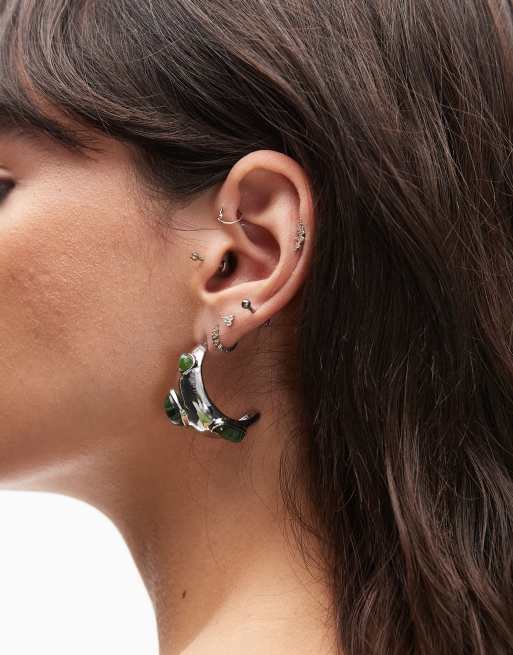 Topshop – Babi – Grube kolczyki w kolorze srebra z zielonymi kamieniami