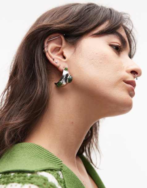 Topshop - Babi - Orecchini spessi color argento con pietre verdi - view 1