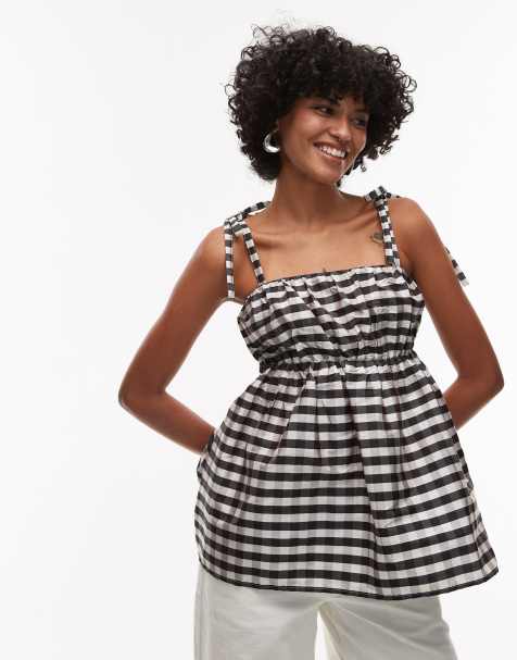 Topshop – Babydoll-Oberteil aus Taft mit Vichy-Karos in Schwarz-Weiß - view 1