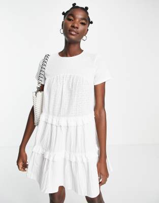 Topshop babydoll tiered broderie mini dress in ivory-White