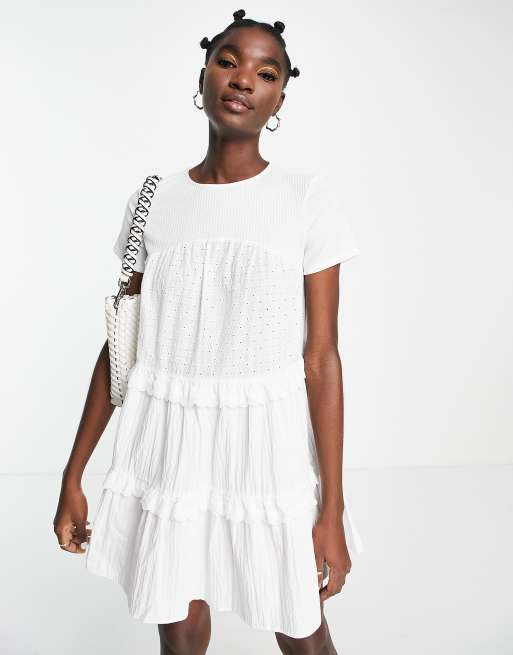 Topshop babydoll tiered broderie mini dress in ivory | ASOS