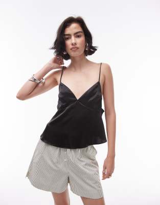 Topshop Back Detail Satin Cami In Black