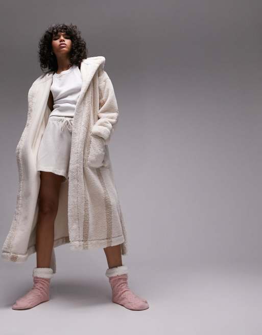 Topshop - Badjas met capuchon van borg met strepen in neutraal , 3 van 4