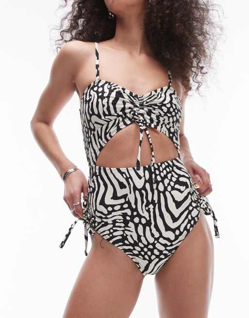 Topshop - Badpak met uitsnijding in zwart-witte dierenprint