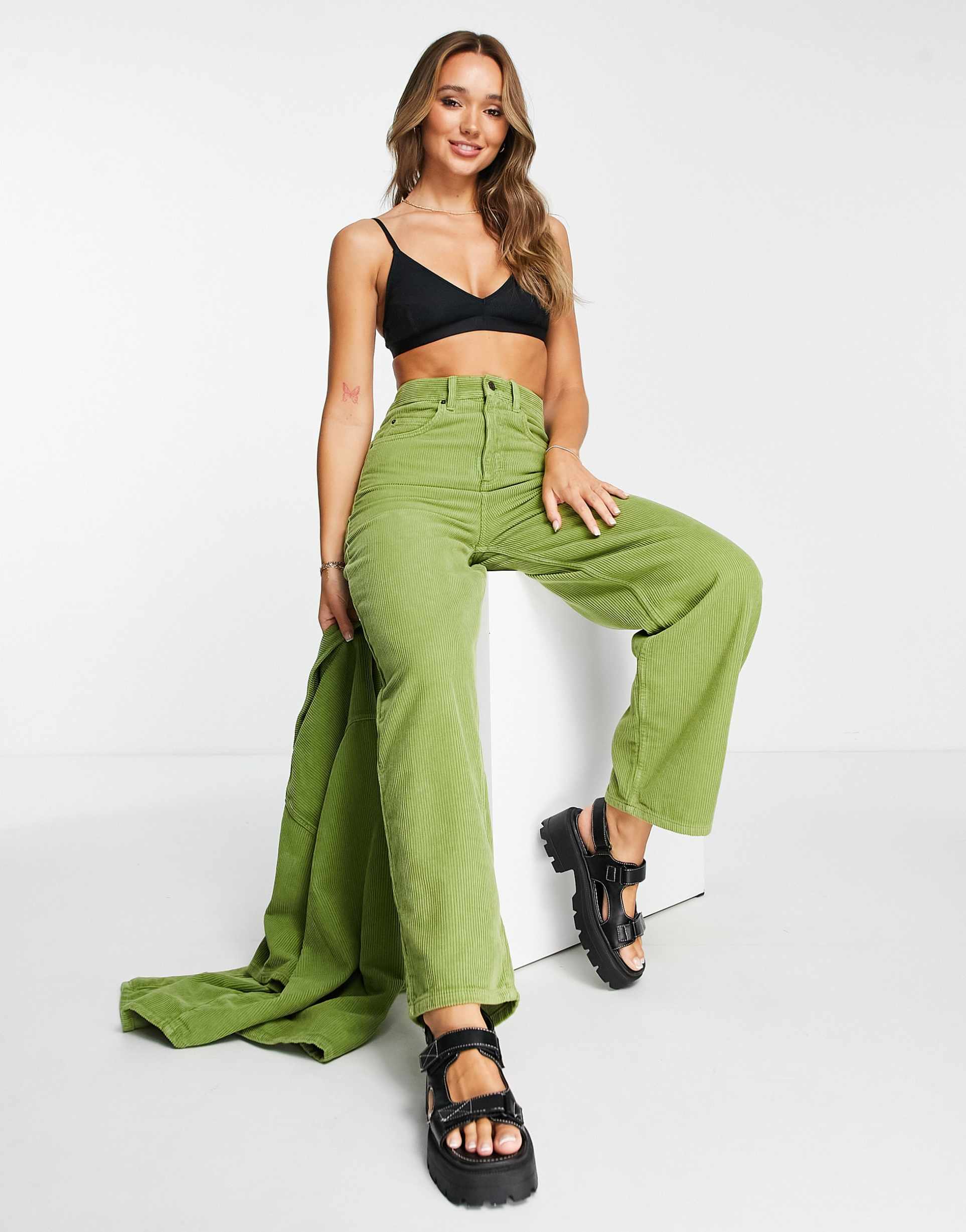 Topshop Baggy co-ord jeans in green cord view 2