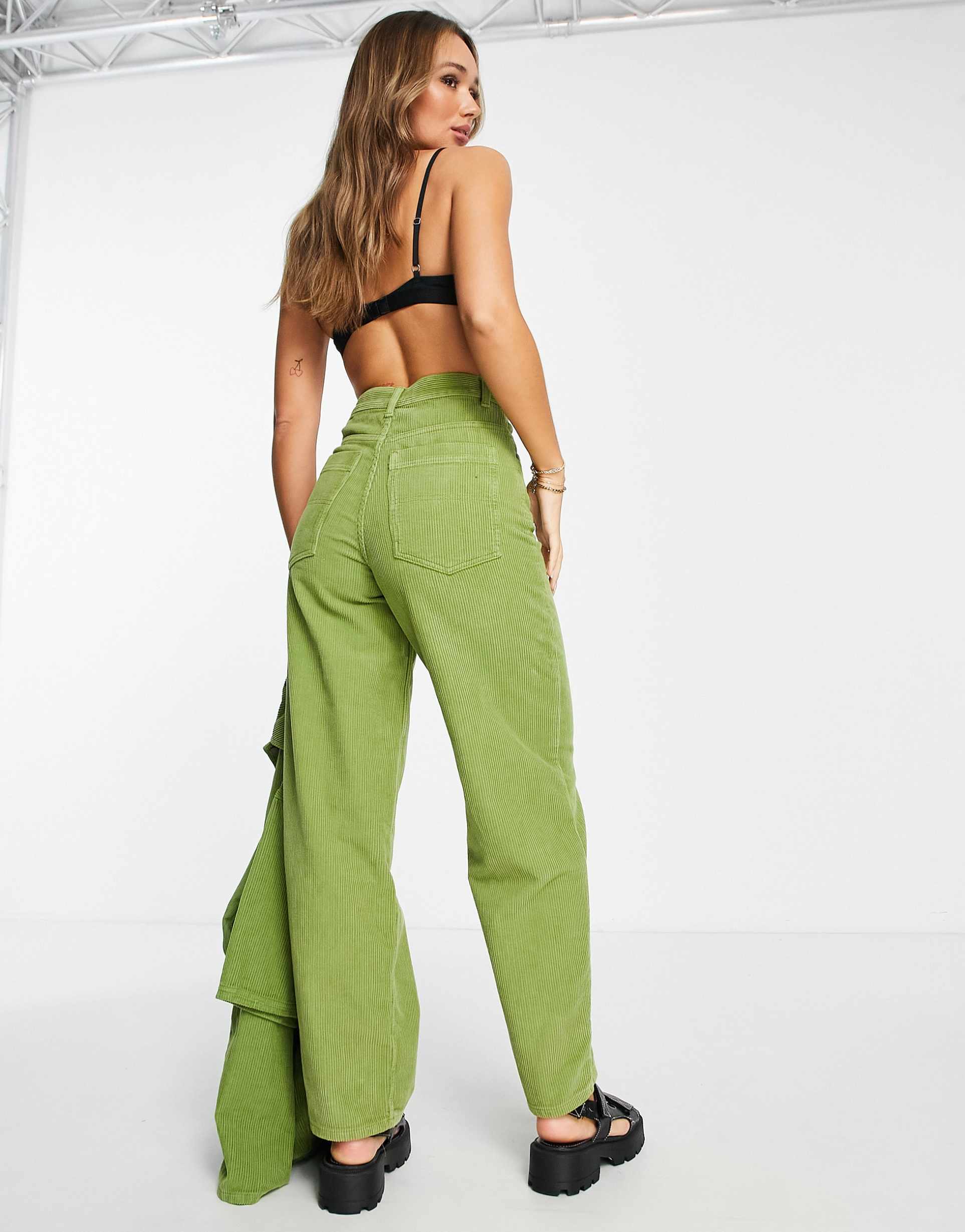 Topshop Baggy co-ord jeans in green cord view 3
