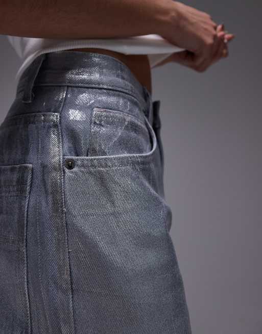 Topshop Baggy high rise baggy silver foil jean in dove grey, 2 of 5