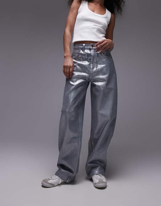 Topshop Baggy high rise baggy silver foil jean in dove grey, 3 of 5