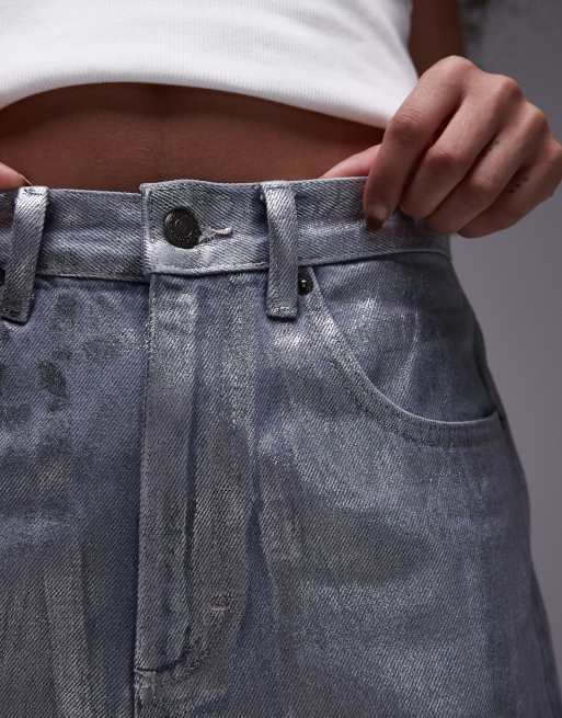 Topshop Baggy high rise baggy silver foil jean in dove grey, 4 of 5