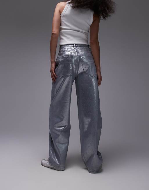Topshop Baggy high rise baggy silver foil jean in dove grey, 5 of 5