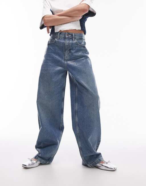 Topshop Baggy high rise jeans in coated blue