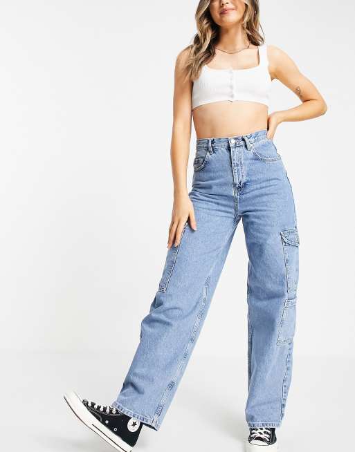 Topshop Baggy high rise utility jean in mid blue