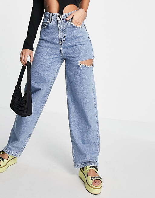 Jeans Topshop Baggy jean with side rip in mid blue 