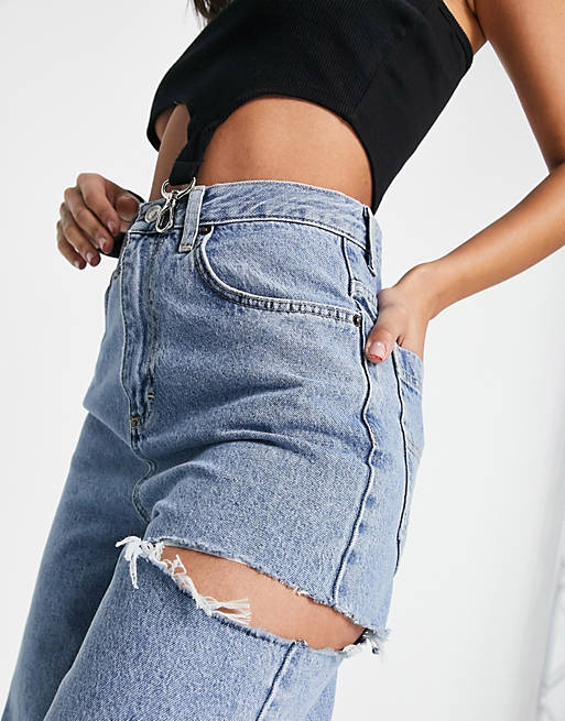 Jeans Topshop Baggy jean with side rip in mid blue 