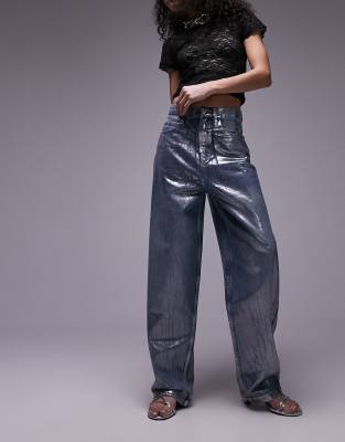 Topshop - Baggy-Jeans in Mittelblau mit Silberfolie und hohem Bund