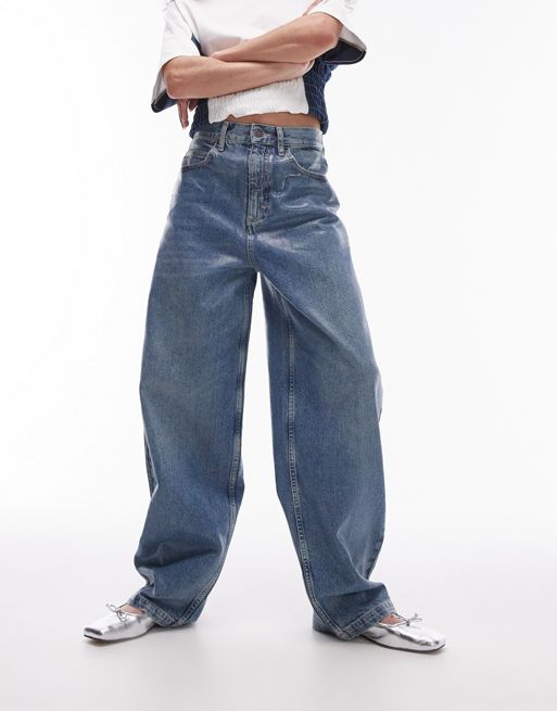 Topshop - Baggy jeans met hoge taille in blauw met coating